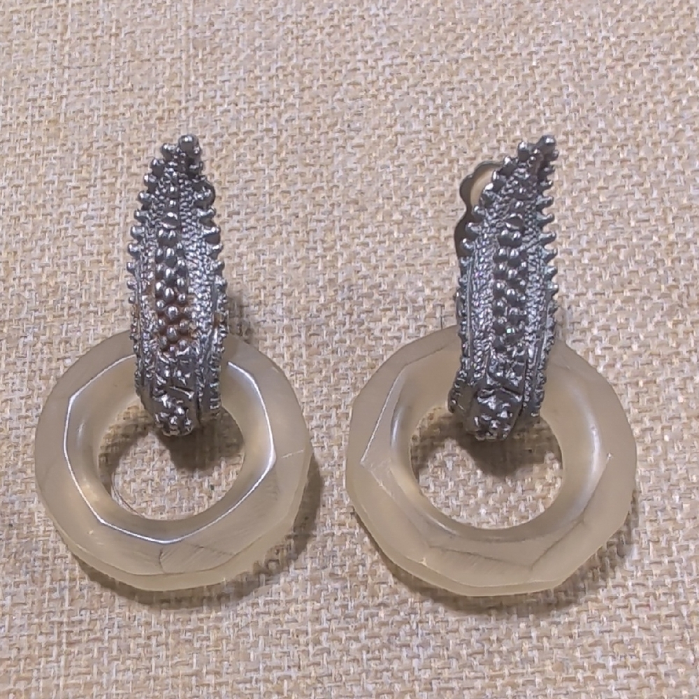 80s Vintage RJ Graziano Chunky Frosted Lucite Silver Statement Drop Clip Earring